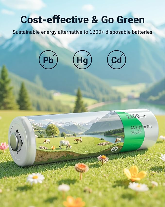 EBL AA Rechargeable Batteries, 1.2V 1100mAh High Capacity AA Battery for Solar Garden Lights (Pack of 8)