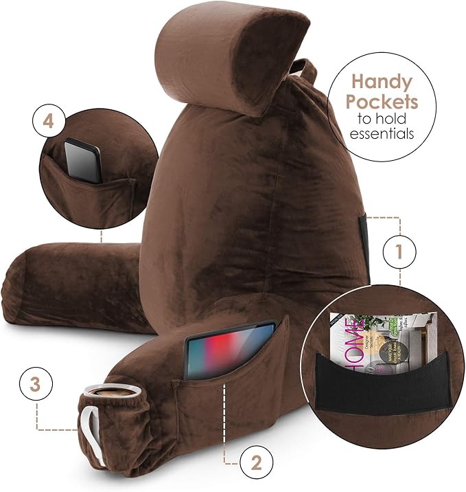 Nestl Reading Pillow with Shredded Memory Foam Includes 2 Neck and Lumber Support Pillows, Designed for Sitting Up in Bed and Couch, Back and Arms Adjustable Support for Adult & Teens, Chocolate Brown