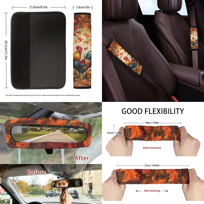 Suobstales Rooster Chicken Pumpkin Maple Leaves Print 13 PCS Car Accessories Thanksgiving Decor Car Seat Covers Steering Wheel Cover Coasters Keychains Trash Bin Seat Belt Pads Rear View Mirror Cover