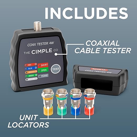 THE CIMPLE CO Coax Cable Tester, Tracer, and Toner - 4-Port Coaxial Cable Mapper and Locator with Color-Coded Remotes - Wire Tracer and Continuity Tester for Up to 4 Locations - 4 Ports, Black