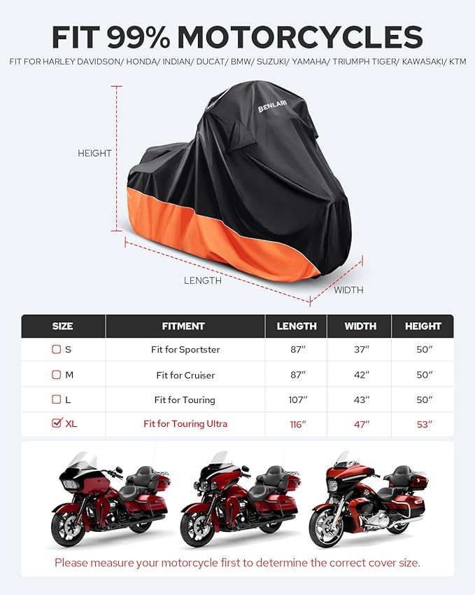 Benlari Waterproof Motorcycle Cover with Side Top Box Compatible with Harley Davidson Touring Ultra Limited Street Glide Road Glide Electra Glide Honda Outdoor All Weather Protection, 116" x 47" x 53"
