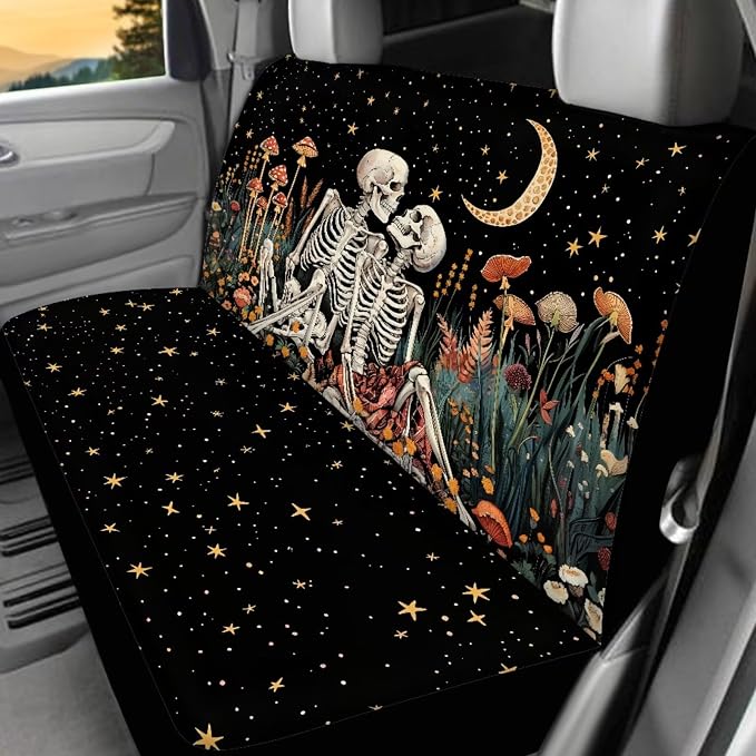 Skull Skeleton Car Accessories Set 17 Pack,Skeleton Skull Car Seat Covers Full Sets with Front and Split Rear BenchVehicle Front Rear Carpets Mats,Seat Belt Shoulder Pad Universal Fit Car