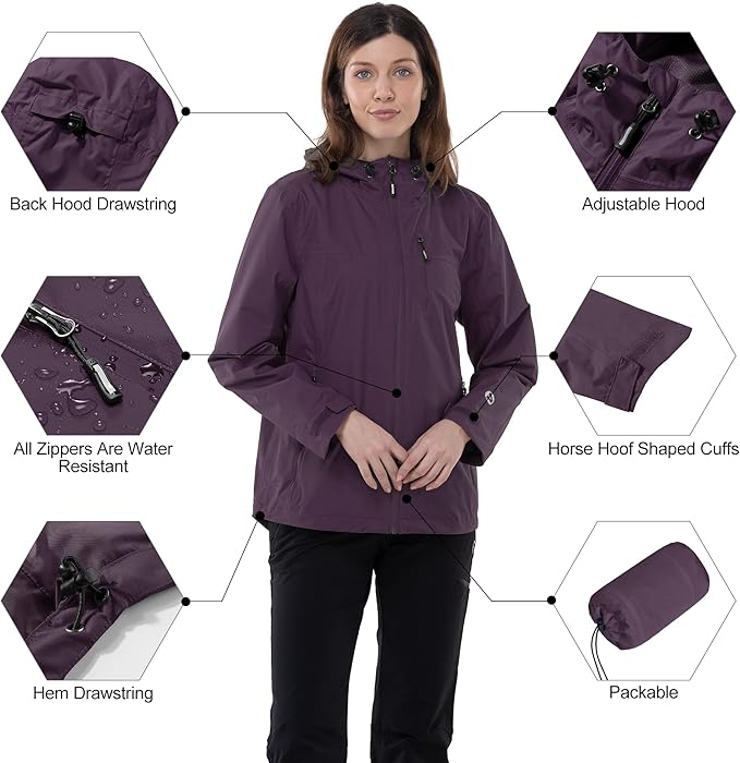 Outdoor Ventures Packable Rain Jacket Women Lightweight Waterproof Raincoat with Hood Cycling Bike Jacket
