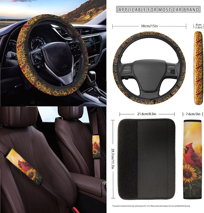 Cardinal Sunflower Pattern Car Accessories Set of 15, Full Set Seat Covers for Cars Steering Wheel Cover Seat Belt Cushion Car Trash Can Air Vent Storage Bag Cup Coasters Universal Fit