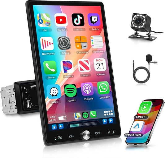 10.4 Inch Single Din Car Radio, Wireless CarPlay Android Auto, 1 Din 2.5D Detachable Touchscreen Car Stereo, Bluetooth FM EQ USB SWC, Support Mirror Link & Backup Camera