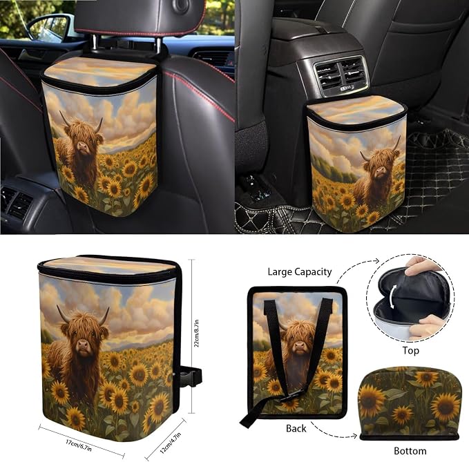 Sunflower Highland Cattle 15 PCS Car Seat Cover Full Set, with Steering Wheel Cover Seat Belt Strap Trash Cans Rear View Mirror Cover Coaster Air Vent Storage Bag Universal Fit