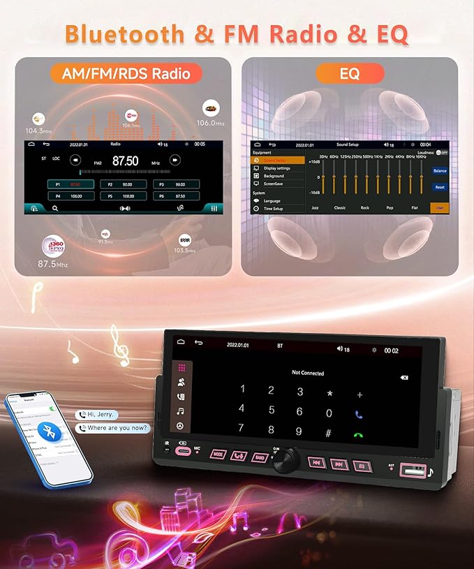 Car Stereo Single Din Wireless Carplay 6.86 inch Touch Screen Android Auto, Rimoody Car Radio with Bluetooth 5.2 Mirror Link FM/EQ USB/AUX/TF/SWC/MIC Car Audio Receiver with Backup Camera