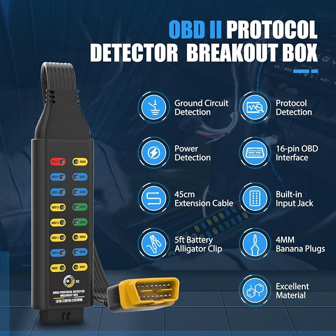 OBD2 Breakout Box OBDII Protocol Detector for Professional Automotive Diagnostics with 16-Pin CAN Breakout Box, 4mm Banana Jack Multi-Function Jumper