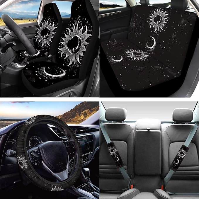 Moon Stars Car Seat Covers Black Auto Front Back Seat Covers Set of 12，Univesal Fit Moon Stars Cup Mat+Keychain+15Inch Elastic Steering Wheel Cover+Safety Seatbelt Cushion Car Interior Set