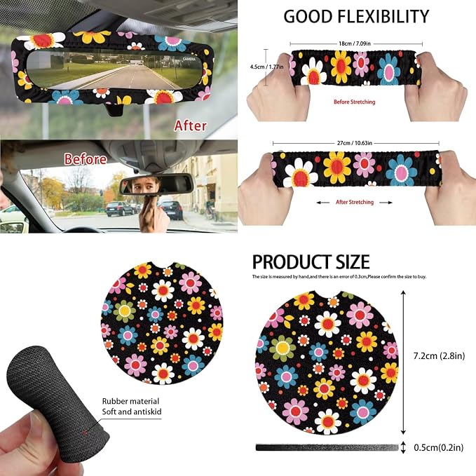 Colorful Floral Car Seat Covers Full Set for Women Cute Car Accessories Interior Car Steering Wheel Cover Seatbelt Covers Trash Bin Rear View Mirror Cover Cup Holders Keychain