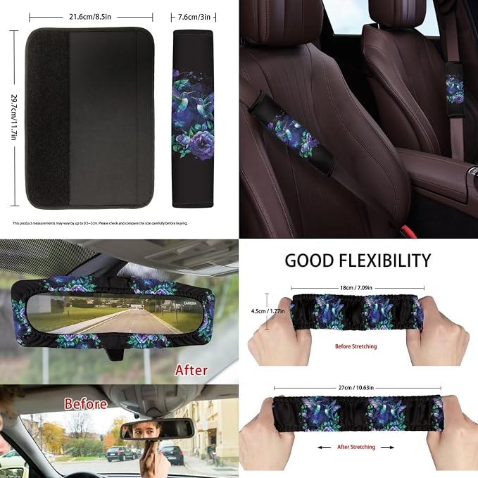 Suobstales Hummingbird Floral Print Car Seat Cover with Steering Wheel Cover, Seat Belt Pads, Car Trash Can, Coasters, Rear View Mirror Cover, Keychains, 13 Pcs Car Accessories Universal for SUV Truck