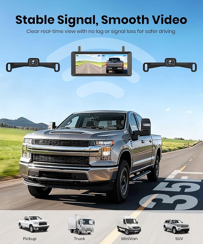 AUTO-VOX 2 Wireless Backup Camera: 7.2" USB-Powered Dual Split-Screen 1080P HD Monitor with DVR Recording, Front and Rear Coverage, Stable Signal, Back Up Camera for Pickup, Trailer, SUV