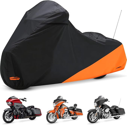 Waterproof Motorcycle Cover for Touring Models Made for Harley Davidson Road King Road Glide Street Glide Electra Glide Low Rider-ST Indoor & Outdoor All Weather Protection (Black & Orange)