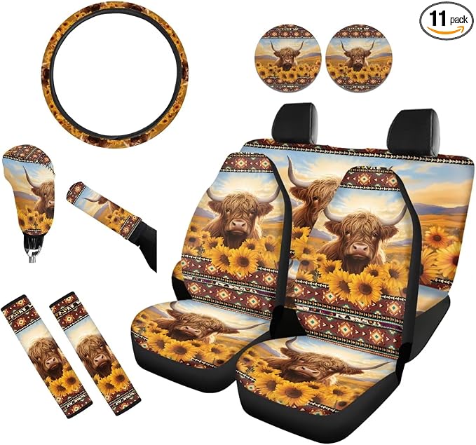 Highland Cow Car Seat Covers Full Set of 11 Aztec Sunflower Car Accessories with Steering Wheel Cover/Seatbelt Pad/Coasters/Shift Knob Handbrake Cover, Universal Front Rear Seat Cushion Cover