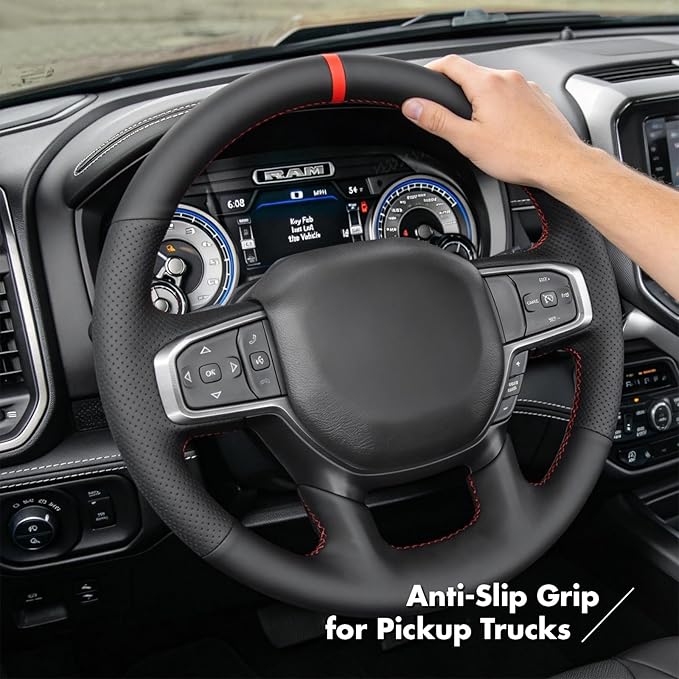 MEWANT Hand-Stitched Steering Wheel Cover Wrap for Dodge Ram 1500 2019-2023 Steering Wheel Accessories for Dodge Ram(Backsides Without Buttons)