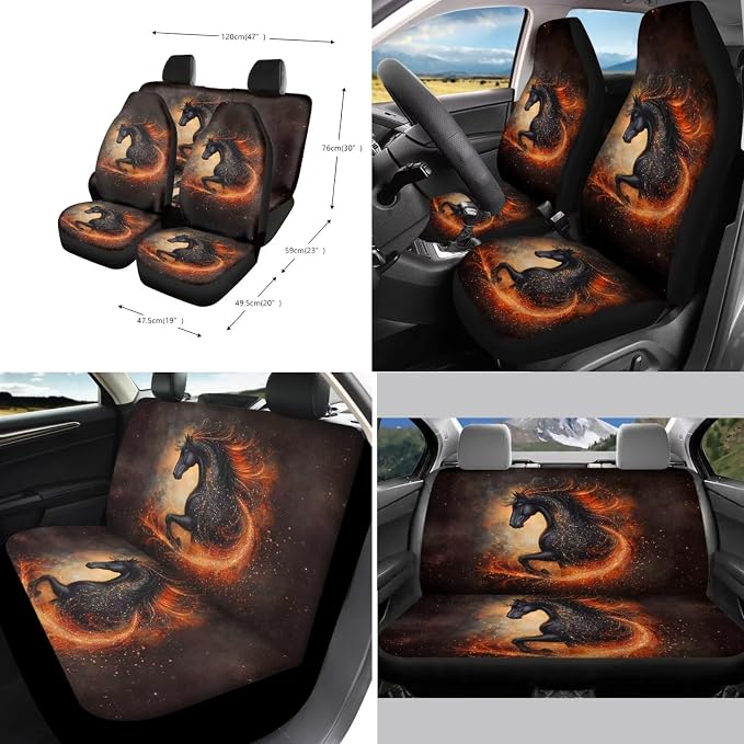 Xoenoiee Horse and Galaxy Print 11 Pcs Car Accessories with Front & Rear Auto Seats Covers, Steering Wheel Cover, Seat Belt Pads, Cup Coaster, 2 Pcs Keyrings - Universal Fit