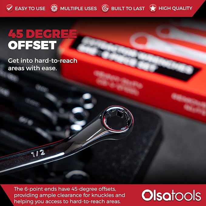Olsa Tools 6pc Box End Wrench Set, 45-Degree Offset, Chrome Vanadium Steel, Includes Organizer Tray