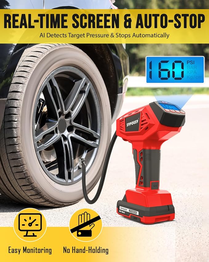 Tire Inflator Portable Air Compressor - 4X Faster Inflation, 160PSI Cordless Tire Pump with Dual Power (20V Battery & 12V DC), Auto Shut Off, Digital Gauge for Car, Motorcycle, E-Bike