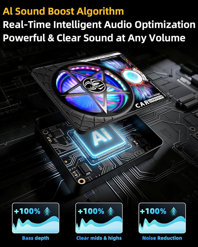 3000W AI 3-Way Under Seat Subwoofer with Amp, Slim Powered Car Subwoofer 20Hz–22kHz Full Range, Built-in Amplifier Plug and Play Sub and Amp Combo for Car Truck SUV