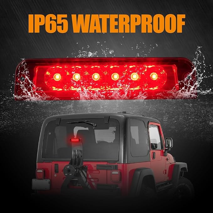 Third 3rd Brake Light LED for 1997-2006 Jeep Wrangler, High Mount Rear Brake Lights Assembly for 97-06 Wrangler TJ, Waterproof Center Cab Lamp Stop Light (RED)