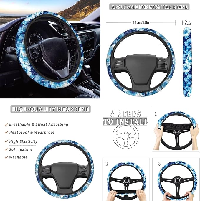 Howilath Blue Hibiscus Flower Car Front Seat Cover 10 Pack Auto Accessories with Center Console Cover+Steering Wheel Cover+Seatbelt Pads+Keychain+Coasters Fit Most Vehicle