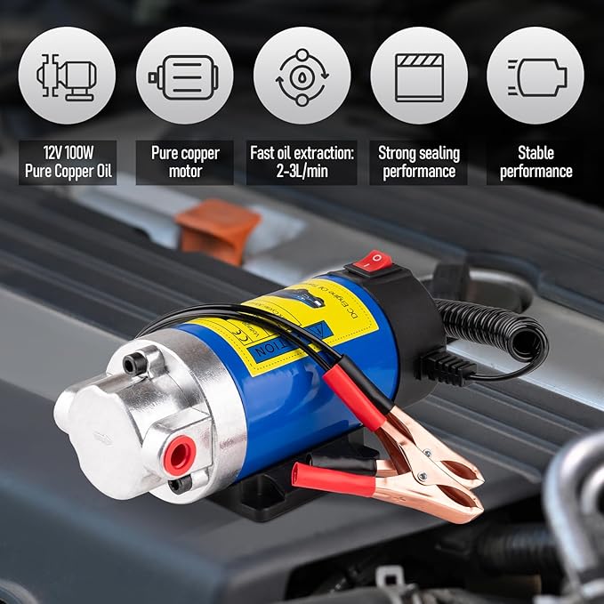 Oil Extractor Pump 12V 100W, Ultra-Quiet Fluid Transfer Pump for Engine Oil, Transmission Fluid, Gear Oil Change - Self-Priming Oil Change Pump for Car, Boat, Motorcycle, Mower, RV (3 Hoses+Adapters)