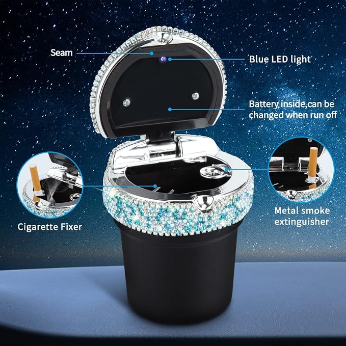 eing Car Ashtray Portable Bling Cigarette Smokeless Cylinder Cup Holder with Blue LED Light Indicator and 2 Replacement Batteries,Car Accessories for Women,Ideal for Car,Home and Office,1-Pack Blue
