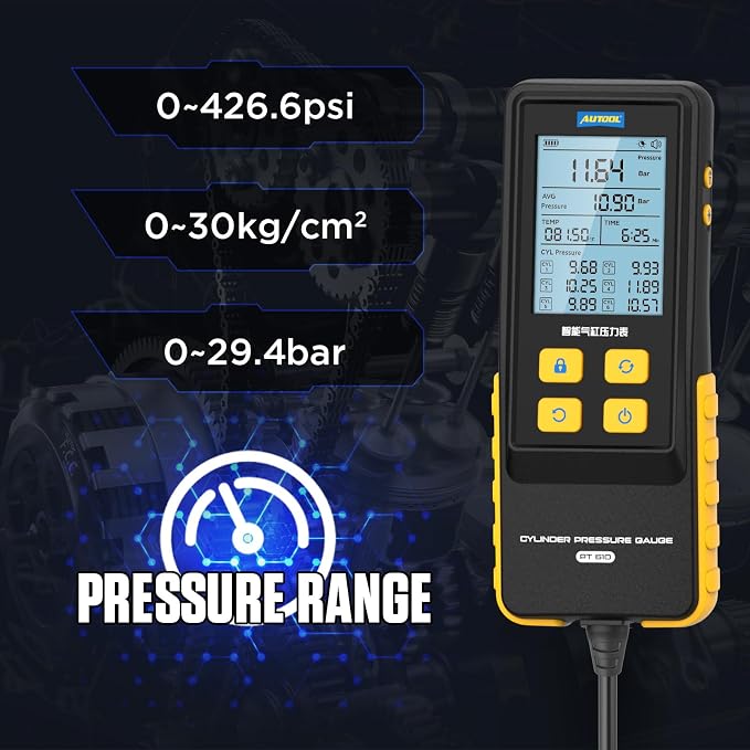 AUTOOL Digital Compression Tester Automotive Compression Gauge 0-426PSI 0~29bar for Petrol Engine Cylinder Compression Test Tool Kit with Adapters & Hoses, 6 Data Saving, Backlit Screen