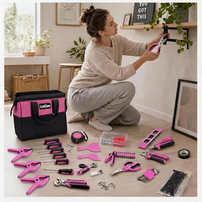 CRAFTZINE 231PCS Pink Tool Kit for Home and Auto Repair, Portable Tool Bag with Wide Mouth Storage | Mechanic Hand Tool Set for Women - Pink Ribbon Design | Pink Ribbon Design