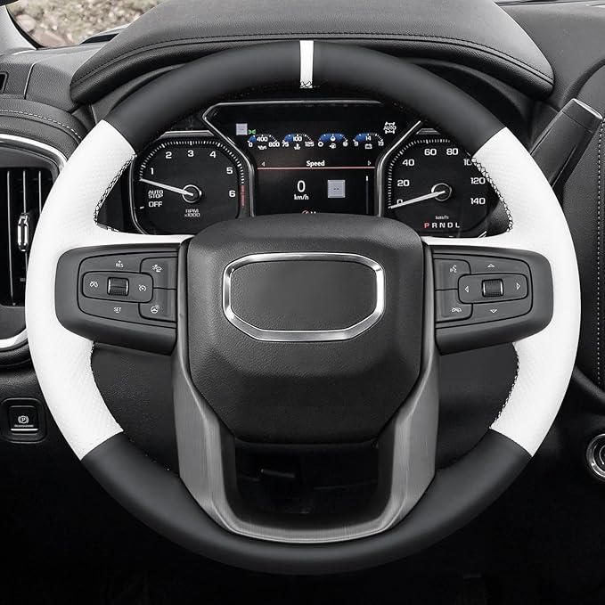 MEWANT Hand Stitch Real Leather Steering Wheel Protector Wrap Cover for GMC Sierra 1500 2019-2023/Sierra 1500 Limited 2022/Sierra 2500 2020-2024/Sierra 3500 2020-2024/Yukon 2021-2023