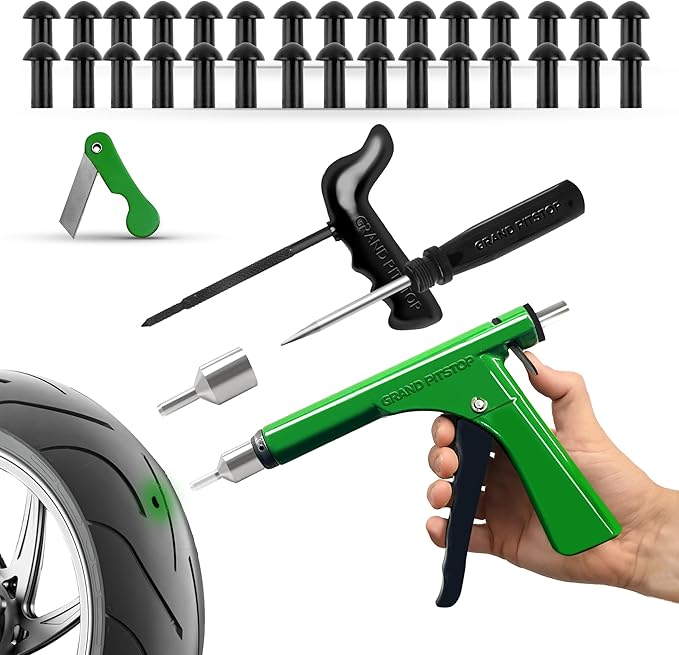 GRAND PITSTOP Tubeless Tire Gun Puncture Repair Kit with Mushroom Plug for Tyre Punctures and Flats on Cars, Motorcycles, ATV, Trucks & Tractors (Gun Puncture Kit 30 Plugs)