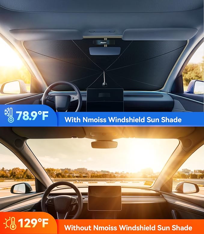 Nmoiss True Dual Layer Air Cooled Windshield Sun Shade Umbrella - [Drive to Superior Coolness & Comfort] Block 99% UV Sun Rays & Heat Damage Keep Cool and Protect Interior XS