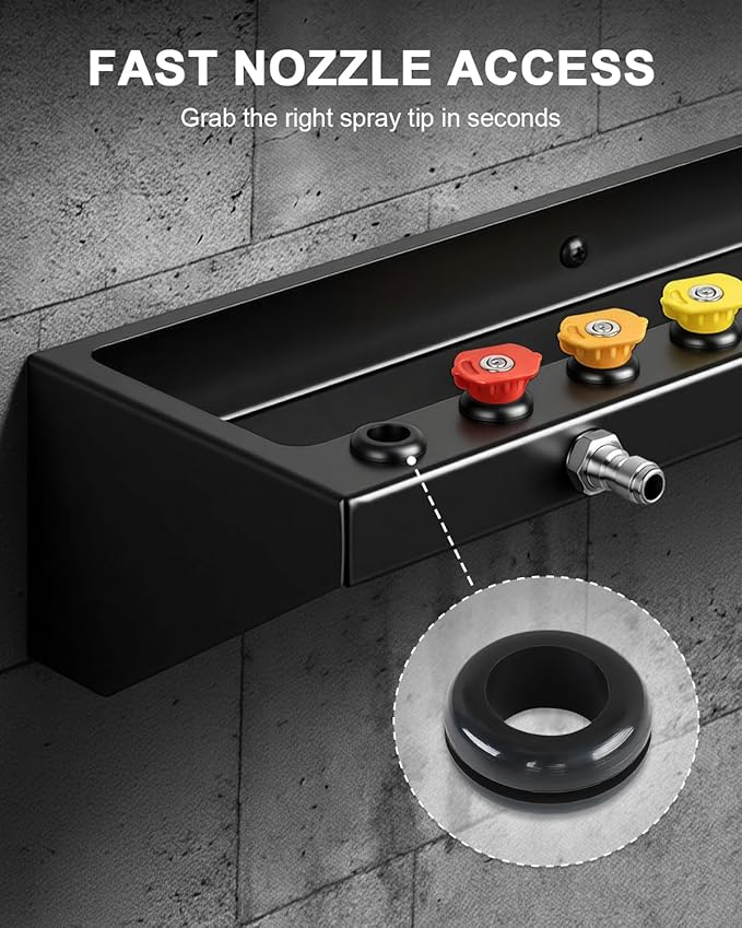 Pressure Washer Gun Holder with 1/4 Inch Quick Connector, Wall Mount Organizer for Foam Cannon, Nozzles and Extension Wands