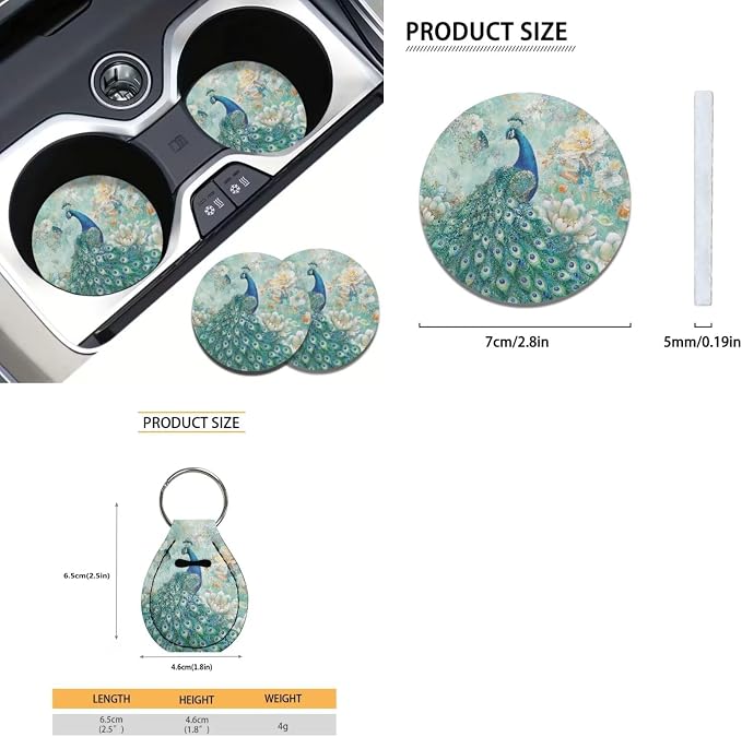 Suobstales Peacock Butterfly Flower Print Car Accessories Car Seat Covers Full Set of 11, Auto Interior Cover Seat Protector with Steering Wheel Cover, Seat Belt Pads, Coaster, Keychains