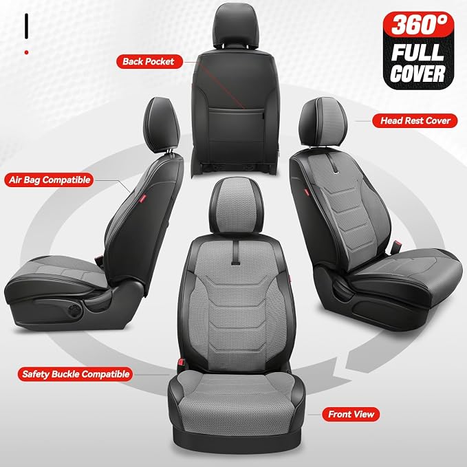 Auto Dynasty Car Seat Covers Front Set, Anti-Slip Automotive Interior Covers with Storage Pocket, Breathable Car Seat Protectors, Airbag Compatible, Universal Fit Most Vehicles, Gray (Sport Series)