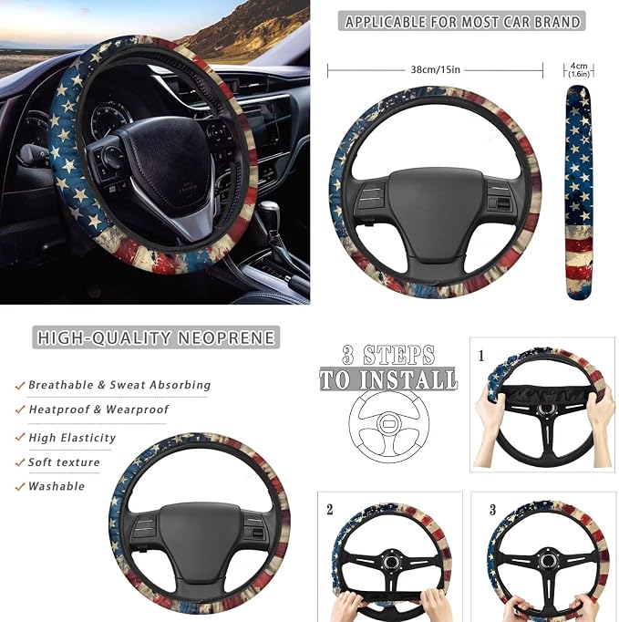 8 Pcs American Flag with Eagle Theme Car Accessories Set, Car Seat Covers Full Set with Auto Steering Wheel Cover Center Console Pad Seat Belt Covers, Patriotic Decorations