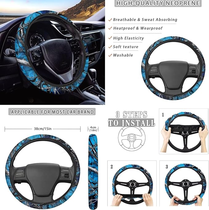 KEIAHUAN Blue Camo Hunting Car Seat Covers Full Set with Gear Shift Knob and Handbrake Cover Steering Wheel Cover Head Rest Covering Cup Coaster Fits Most Vans Trucks SUV Sedan