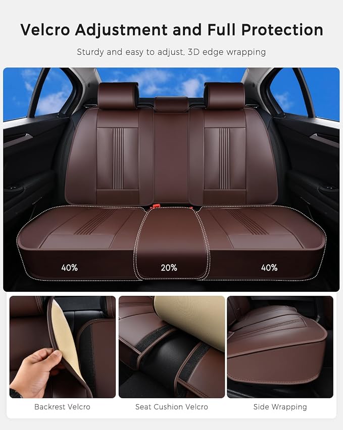 Huidasource Brown Back Seat Cover, Nappa Leather Rear Seat Cover with Ventilation Holes, Velcro Adjustable, Compatible with Seat belts, Child Safety Seats, Universal Fit for Most Cars SUV Truck, Brown