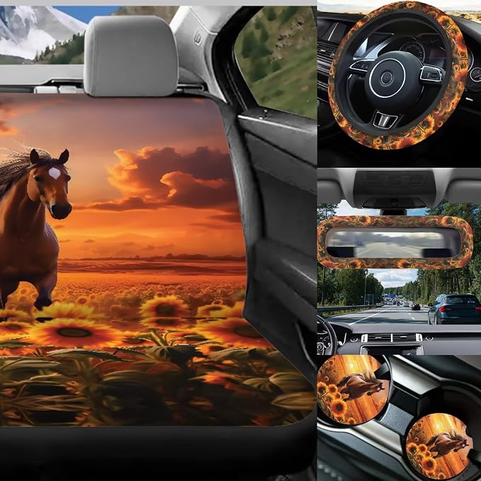17 Pieces Horse Car Seat Covers Full Sets with Front and Split Rear Bench,Sunflower Car Accessories for Women Man,Automotive Interior with Auto Trash Bag Headrest Covers,Universal Fit
