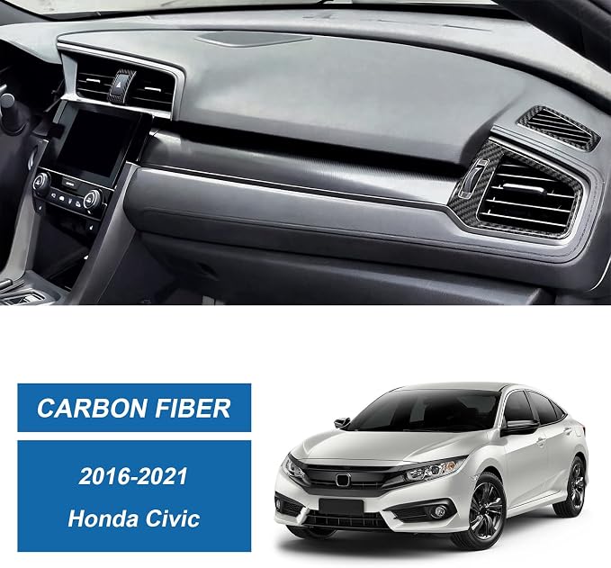 9PCS Real Carbon Fiber Interior Trim Kit Compatible with 2016-2021 10th Gen Honda Civic, Interior Decor Sticker Accessories for Gear Shift Panel, AC Air Vent, Hazard Light Panel
