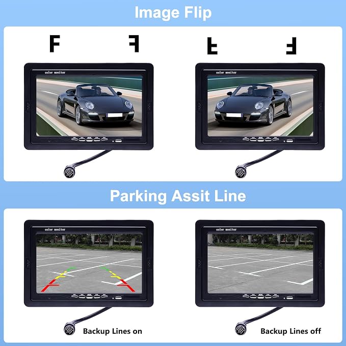 Camecho Vehicle Backup Camera 4 Split Monitor Front View Rear View Camera Auto 18 IR Night Vision Waterproof Aviation 4 Pins Connector LCD Monitor for Trucks RV Trailer Bus