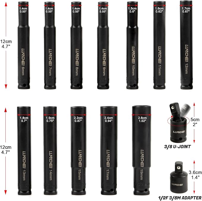 LLNDEI 14PCS 3/8″ Drive Impact Deep Well Socket Set Metric, Extra Long Reach 6-19mm, 6-Point Weighted Deep Impact Sockets for Auto Engine & Motorcycle Repair, Cr-V Steel with Black Oxide Coating