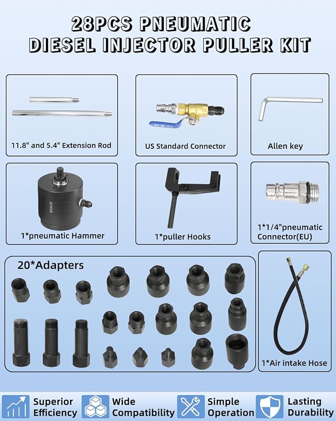 Universal Pneumatic Diesel Fuel Injector Puller Tool Kit 28pcs Injector Remover Extractor with Impact Air Tool Injector Puller Extension Rods Compatible with Benz for Bosch for Siemens Diesel Engine