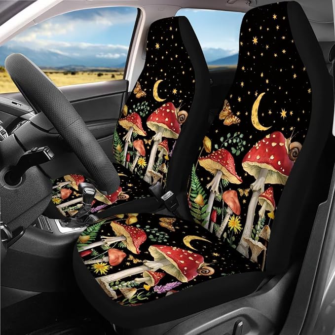 Mushroom Print Car Seat Covers Full Sets 18 Pieces Mushroom Car Interior Accessories with Car Headrest Covers Anti Slip Car Seat Belt Pads Cover Leakproof Auto Trash Can Steering Wheel Cover