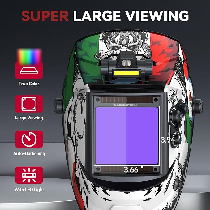 ARCCAPTAIN Large View 3.94" x 3.66" True Color Auto Darkening Welding Helmet with Light, Solar Powered Welding Hood, 4 Arc Sensor Wide Shade 4/5-9/9-13 for Stick MIG TIG Cut, MX