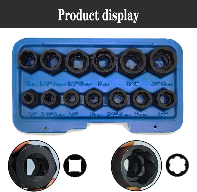 14PCS Twist Lug Nut Socket Set - 3/8 inch Drive Damaged Nut Lock Remover Extractor - Rusted & Stubborn Locking Nut Removal Tool Kit Center Punch Bar