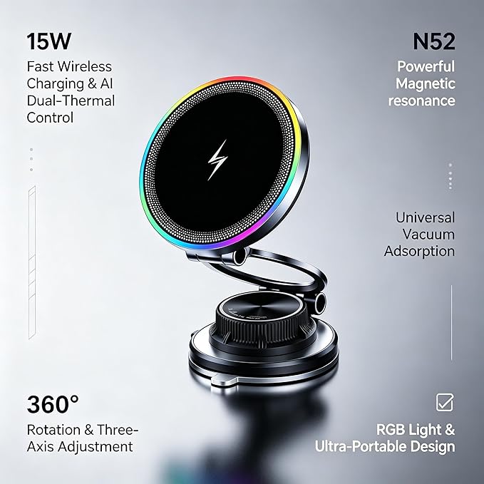 15W Fast Wireless Car Charger Mount, Magnetic Phone Holder for Dashboard & Air Vent, 360 Rotating Foldable Arm, AI Cooling, Strong N52 Magnet & Gel Suction for iPhone 17/16/15, Samsung Galaxy S24