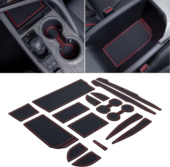 TOPINSTALL Black Center Console Tray and Red Rubber Liners Compatible with 2018-2024 Camry Accessories, Interior Armrest Storage Console Organizer Non-Slip Cup Holder Door Pocket Rubber Mats