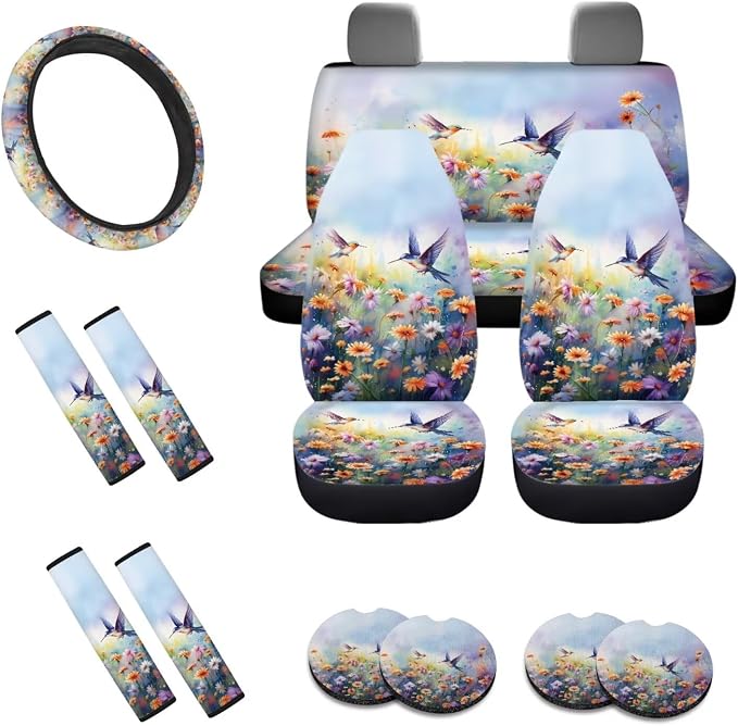 Hummingbird Daisy Pattern 13 Pieces Car Accessories, Car Front and Rear Seat Covers Full Set with Safe Belt Pads, Non Slip Steering Wheel Cover Washable Coasters with Notch