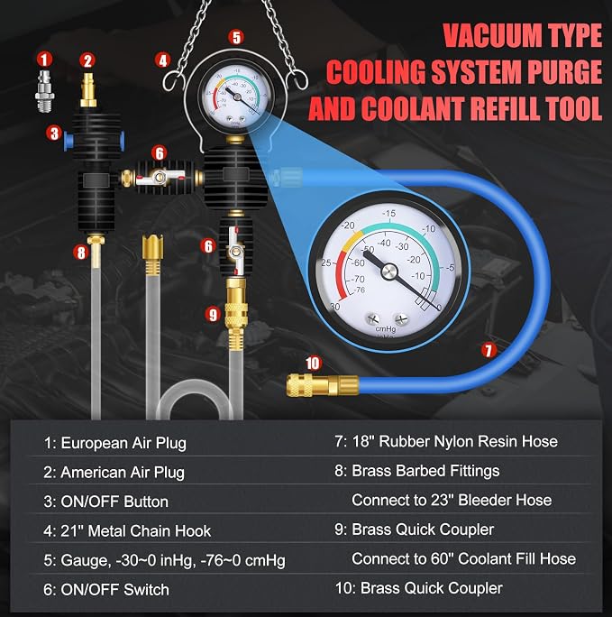 JIFETOR Cooling System Vacuum Purge Radiator Coolant Refill Tool Kit Universal Automotive Water Tank Pneumatic Vacuum Antifreeze Change Filler Set with Adapter Case Hose for Car SUV Truck